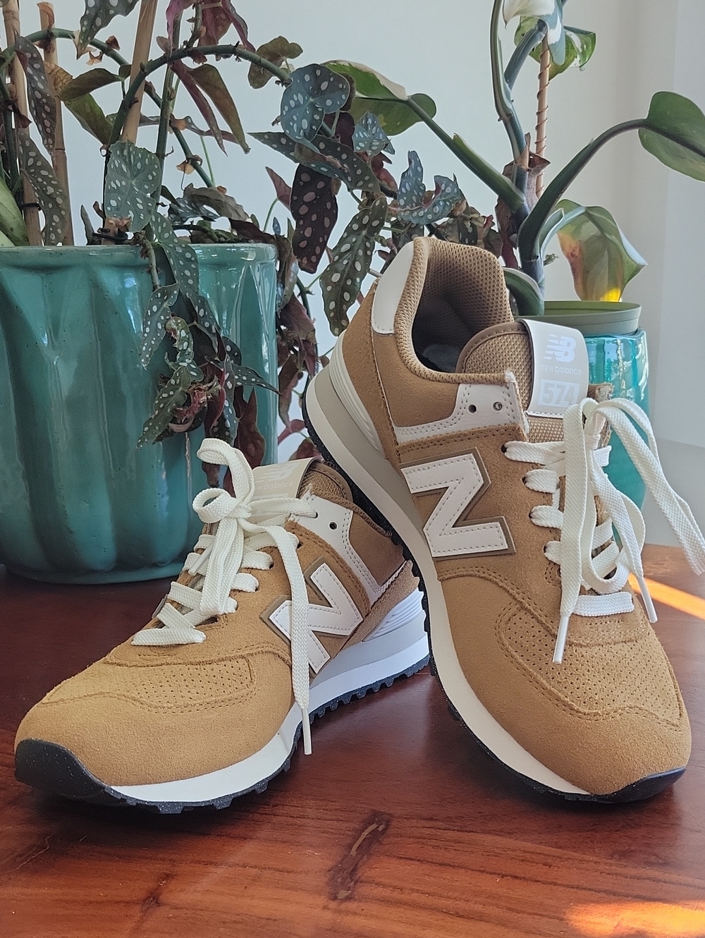 New Balance Women’s Tan Suede 574 Retro Sneakers with Cream Accents (New)